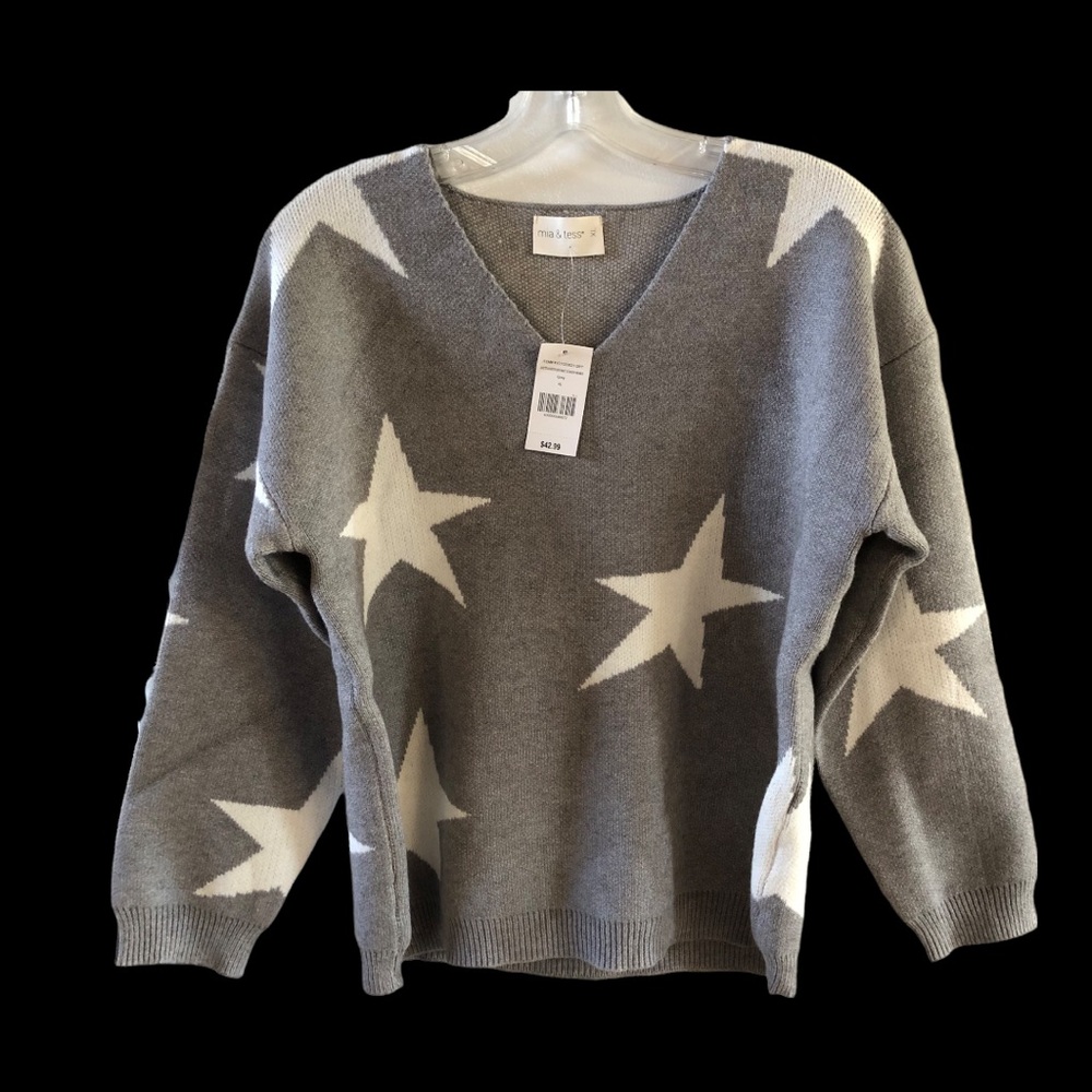 NEW V Neck Grey Sweater White Stars • mia & tess • SM / MED /LRG / X-LRG Avail